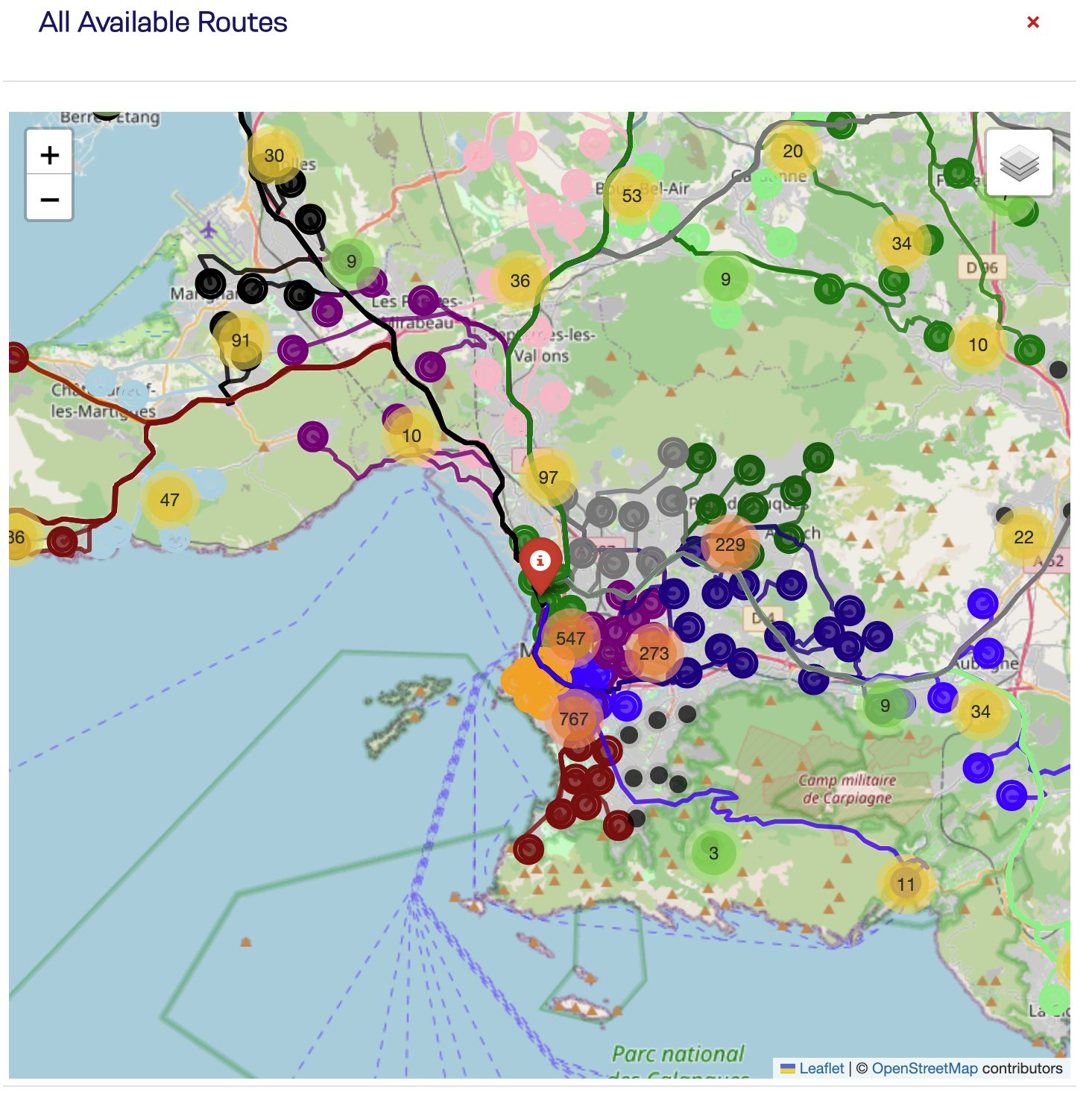 All available CMA CGM shuttle routes around Marseille