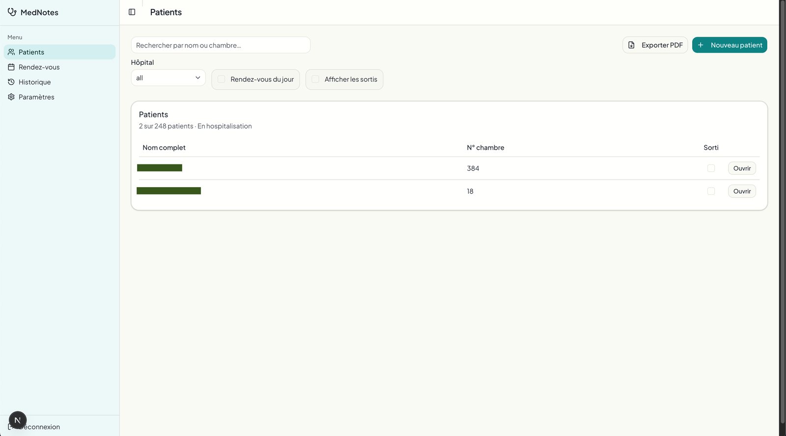 MedNotes desktop patient list, an early version