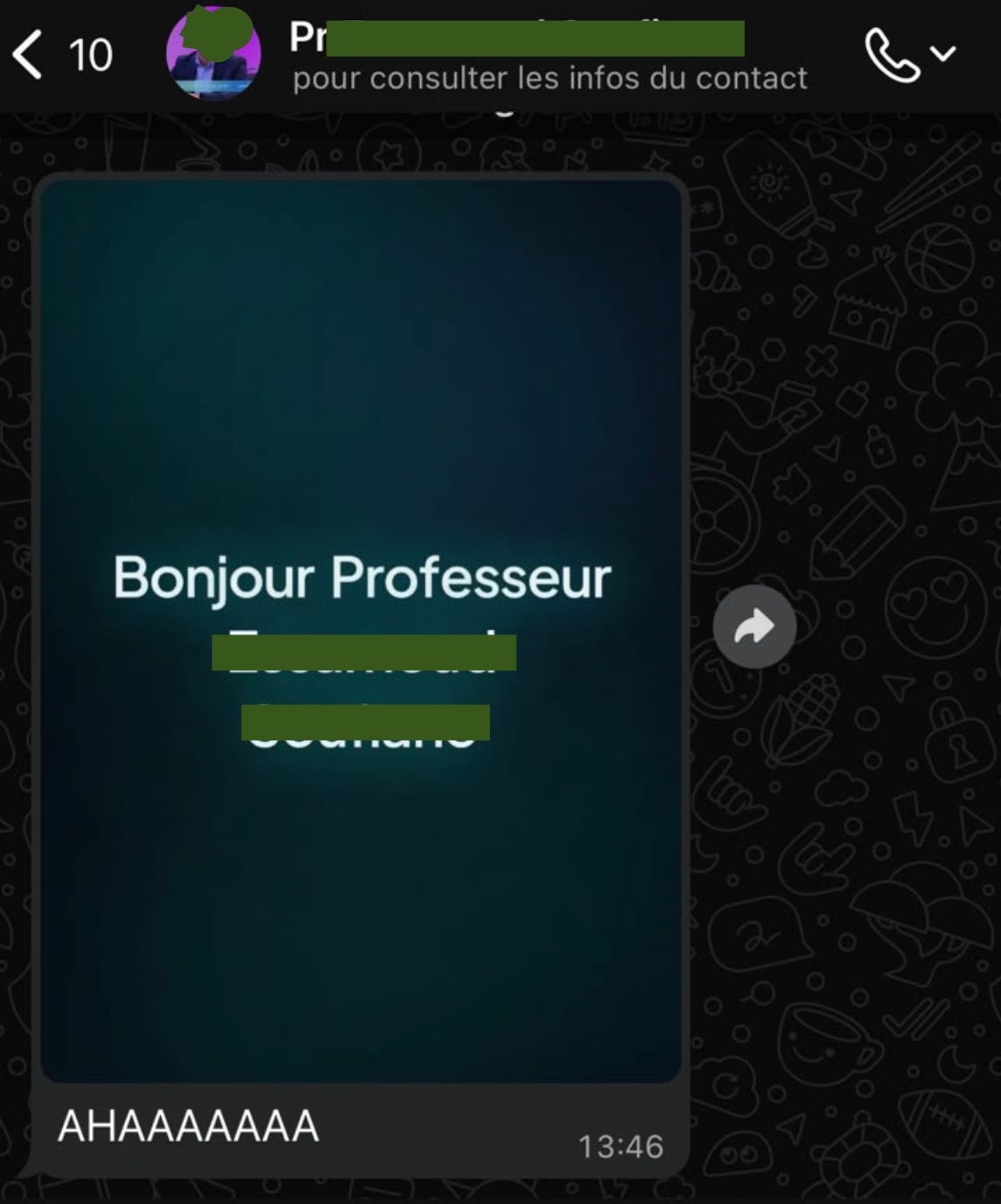 SituaTrack greeting shared in a message: Bonjour Professeur